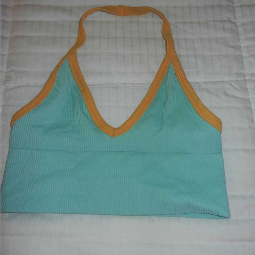 Urban open back crop top teal and orange
